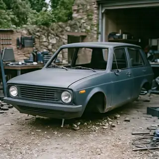 A car body with windows, doors, and headlights but no wheels