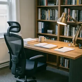 An office workspace with a desk, chair, bookshelf, and lamp 