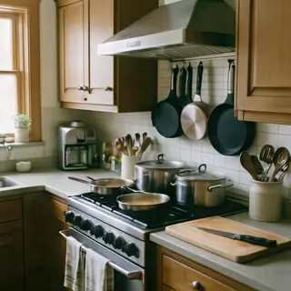 A kitchen with pots, pans, a stove, and a cutting board but 
