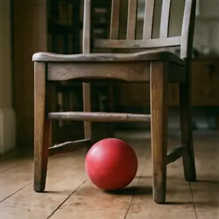 A red ball underneath a wooden chair