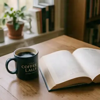 A coffee mug next to an open book on a desk