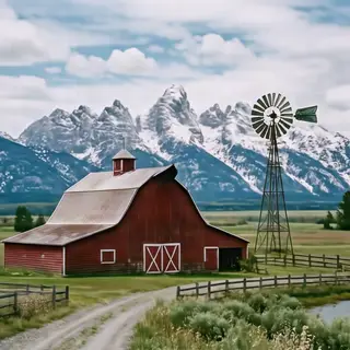 A landscape with a red barn in the foreground at large scale