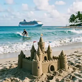 A beach scene with a sandcastle in the foreground, a surfer 