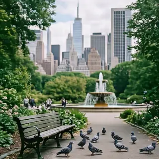 A city park with a park bench and pigeons in the foreground,