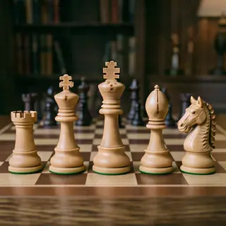 Five chess pieces on a board: a king in the center, a queen 