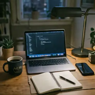 A desk scene: laptop in the center, coffee mug to the left, 