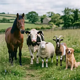 Five animals in a field: a horse on the far left, a cow to t