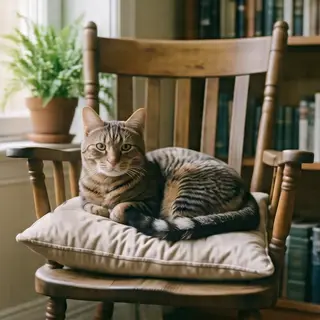 A cat sitting on a pillow, the pillow placed on a wooden cha