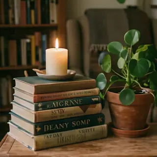 A candle on top of a stack of books, the books next to a pot