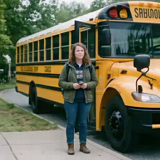 A person standing next to a yellow school bus, showing reali