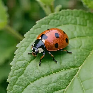 A ladybug sitting on a large green leaf, shown at realistic 