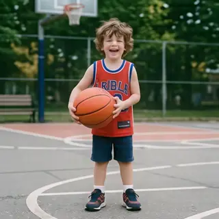 A child holding a basketball, both at correct relative sizes