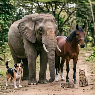A group photo of an elephant, a horse, a dog, a cat, and a m