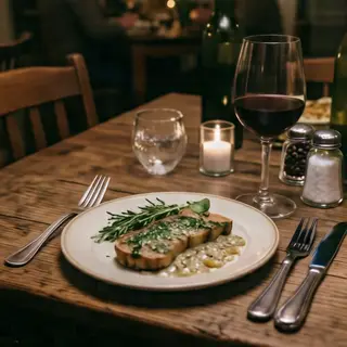 A dinner table scene with a plate, fork, knife, wine glass, 