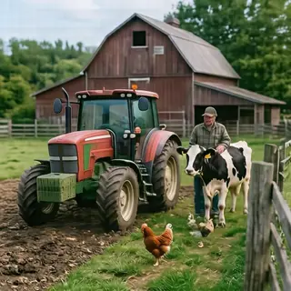 A farm scene with a barn, tractor, farmer, cow, chicken, and
