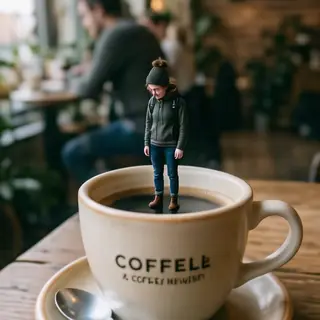 A tiny person standing on the rim of a coffee cup, looking d