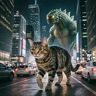A giant tabby cat walking between city skyscrapers like a ka