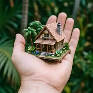 A miniature house sitting on the palm of someone's hand