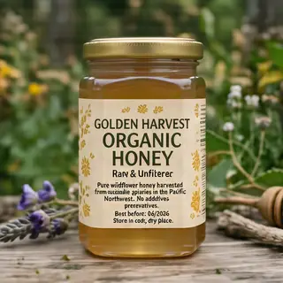 A product label for 'GOLDEN HARVEST ORGANIC HONEY' with subt