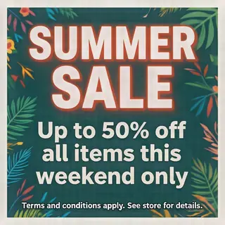A poster with headline 'SUMMER SALE' in large bold text, bod