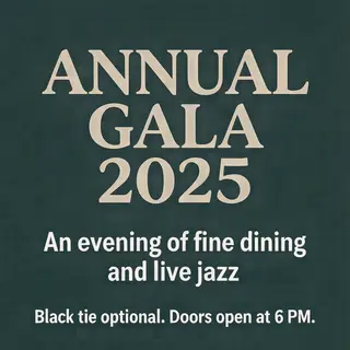 An event banner with headline 'ANNUAL GALA 2025' at the top 