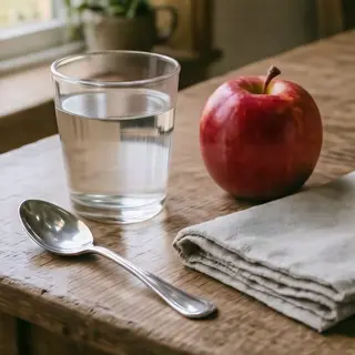 A still life on a wooden table featuring a clear glass of wa