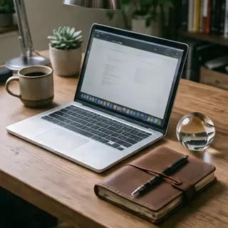 A workspace desk with a brushed aluminum laptop, a leather-b