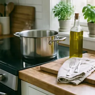 A kitchen counter with a stainless steel pot, a wooden cutti