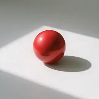 A red sphere on a white surface with a single shadow cast to