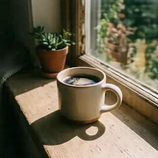 A coffee mug on a sunny windowsill casting a sharp shadow to