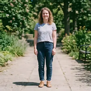 A person standing outdoors at midday with a short shadow dir