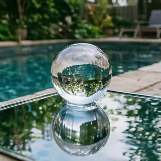 A clear glass sphere sitting on a mirror surface near a pool