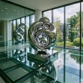 A chrome sculpture in a room with a glass floor and large wi