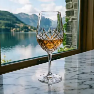 A crystal wine glass on a polished marble counter next to a 