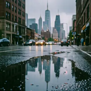 A city skyline reflected in a rain puddle on a street, with 