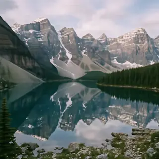 A mountain range reflected in a still alpine lake, with the 