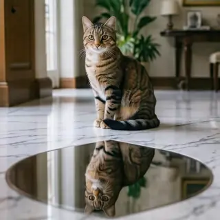 A cat sitting on a polished marble floor with its reflection