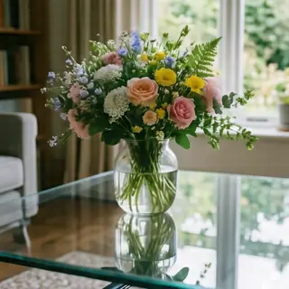 A vase of flowers on a glass table with a clear reflection v
