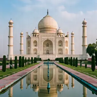 The Taj Mahal in Agra seen from the reflecting pool, with ac