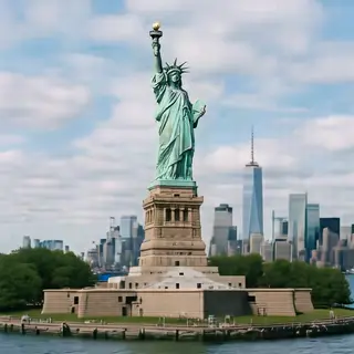 The Statue of Liberty on her island pedestal, with correct t