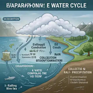 A detailed diagram of the water cycle showing evaporation fr