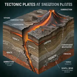 A cross-section showing tectonic plates at a convergent boun