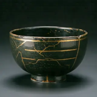 A Japanese kintsugi bowl — cracked ceramic repaired with vis