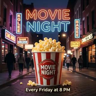 A movie night poster with a large popcorn image in the cente