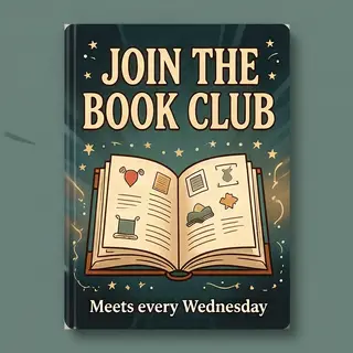 A book club poster with an open book illustration, the title
