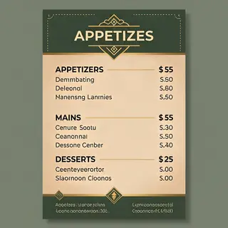 A restaurant menu layout with a logo header, three category 
