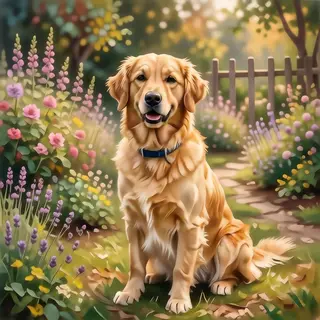 A golden retriever sitting in a garden, painted in the style