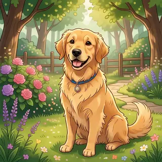 A golden retriever sitting in a garden, rendered in Japanese