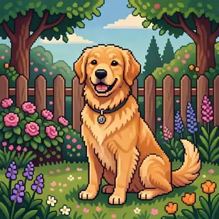 A golden retriever sitting in a garden, rendered in pixel ar