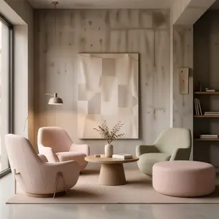An interior scene rendered in soft brutalism — raw concrete 
